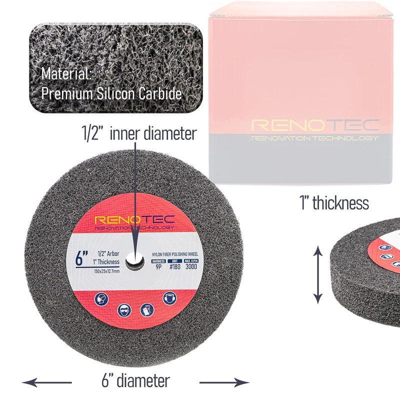 RENOTEC 6 inch 9P Hardness Deburring Wheel, Pack of 3, 180 Grit, Nylon Fiber Buffing Wheels. for Bench Grinder Buffing Machine Polishing Stainless Steel. 1/2 inch Arbor, 1 inch Thickness - Image 4